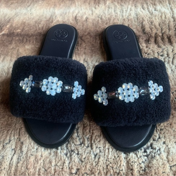Tory Burch Aspen Embellished Shearling Slides - Picture 2 of 8